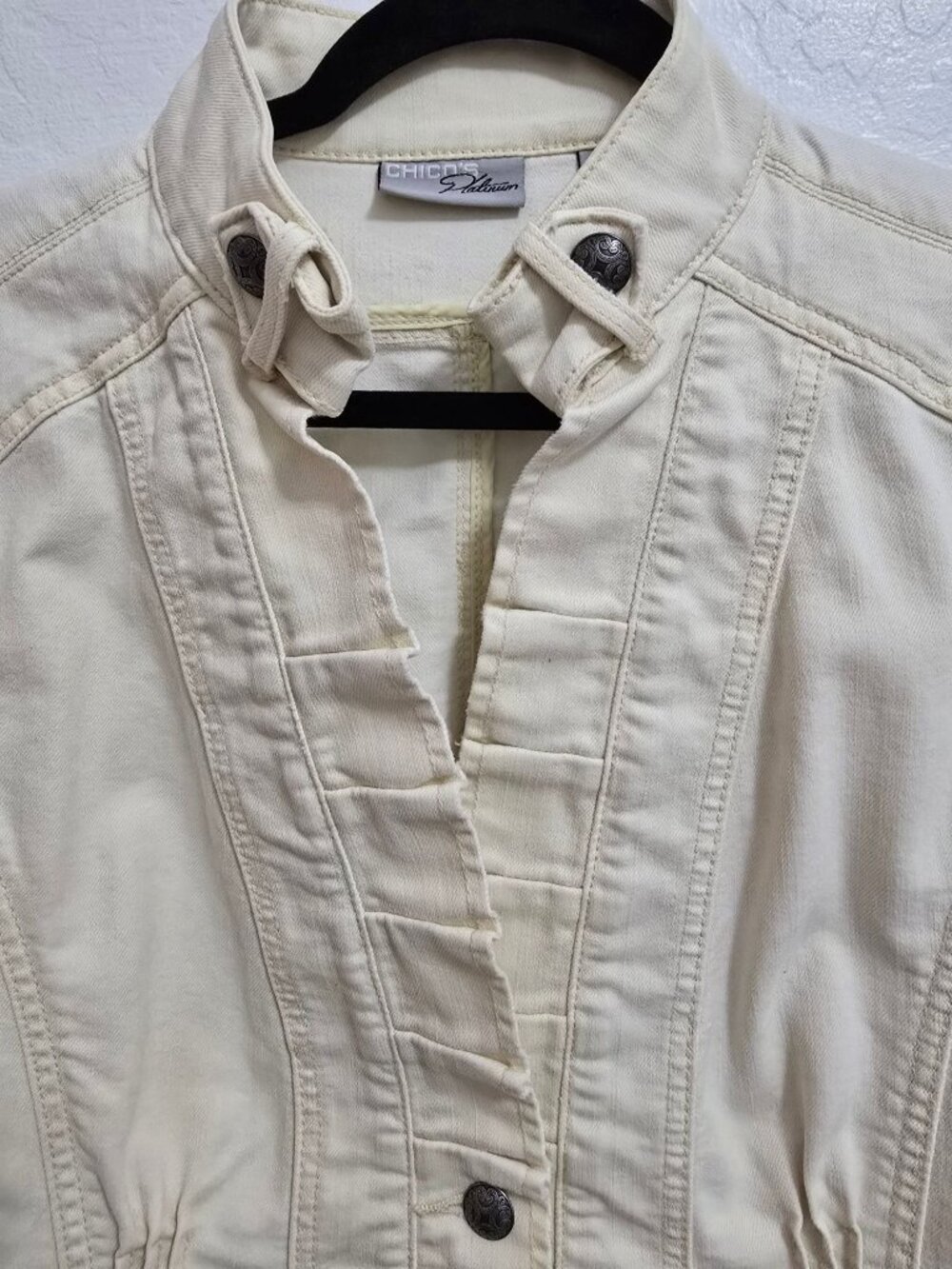 Chicos Platinum Button-Up Off White/Beige Jacket Size 2 Mandarin Collar - Picture 3 of 5